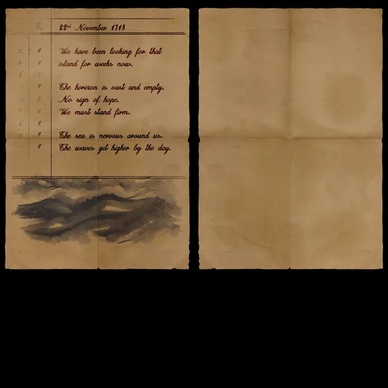 游戏内一张「航海日志」的英文版，使用一种手写字体排版。