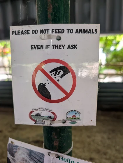 張り紙に可変幅英字の創英角ポップ体で
PLEASE DO NOT FEED TO ANIMALS
EVEN IF THEY ASK
と書いて、下に餌やり禁止のイラスト。
