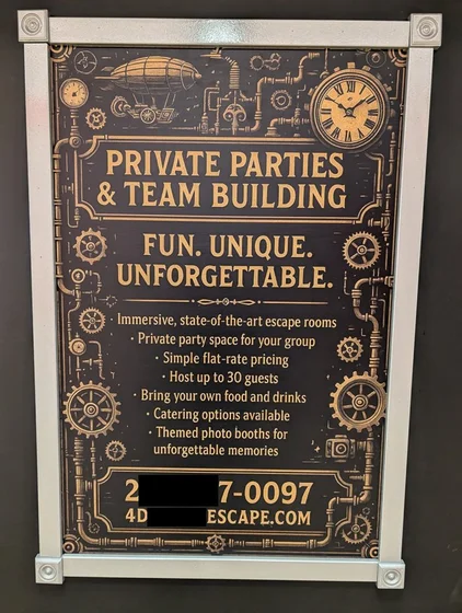 An ads poster for a escape room with 14 lines of text mostly aligned to the center, but with some text unnaturally off center, suggesting that it is highly likely AI generated.