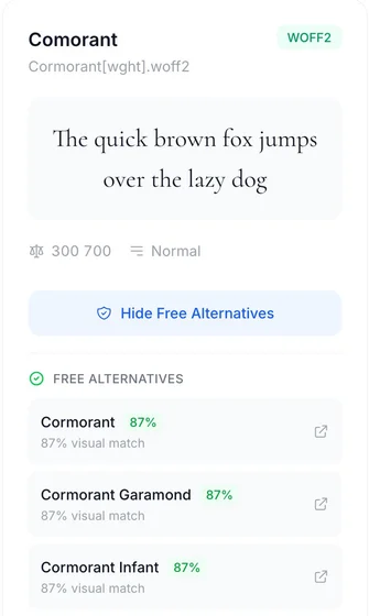Comorant
Cormorant[wght].woff2
WOFF2

Weights: 300 700
Style: normal

Free Alternatives

Cormorant
87% visual match

Cormorant Garamond
87% visual match

Cormorant Infant
87% visual match

