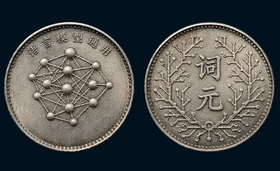硬币的正反面。
正面：上方「语言模型通用」中央为象征神经网络的图案。
反面：中央「词元」四周是象征树状结构的图案。