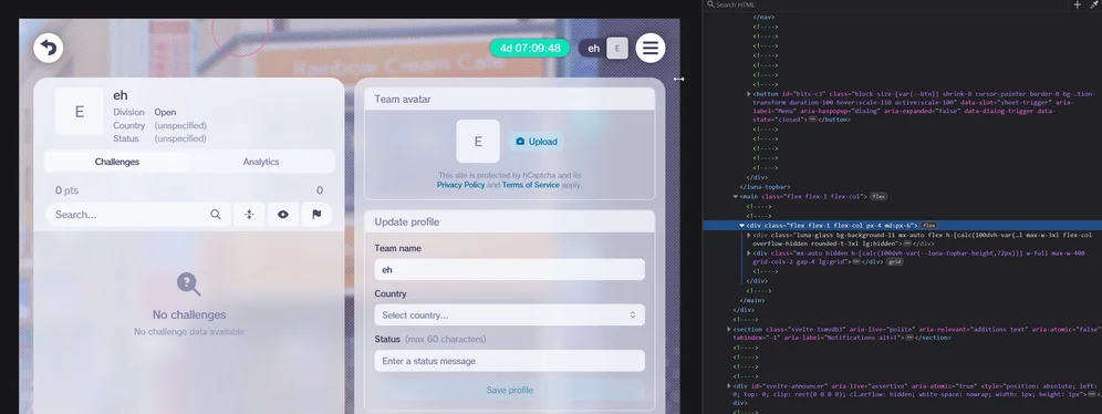Screen recording of the team profile page of Project SEKAI CTF 2026 Web UI. The page has a responsive layout. In desktop width, a tabbed view of Challenges+Analytics and an isolated panel of Settings appears side by side. In mobile width, all three views appears in the same side panel. When the viewport size changes across breakpoints, the form and active tab state appears not to be shared between the two layouts. The dev tools reveal that the web page hosts the identical content and forms in t…