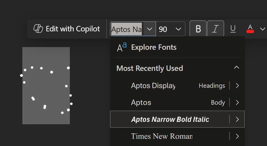 A screenshot of U+25CC ◌ Dotted Circle in Aptos Narrow Bold Italic where the dots roughly form a circle slanted to the left, with some dots placed too close to each other, and one dot divering away from the slated circle.