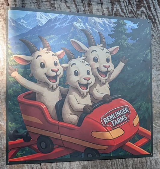 Photo an AI generated picture of three goats riding a roller coaster. The picture is pinned on the wall. The second goat has only one horn. Pixel artifacts are clearly visible on the picture.