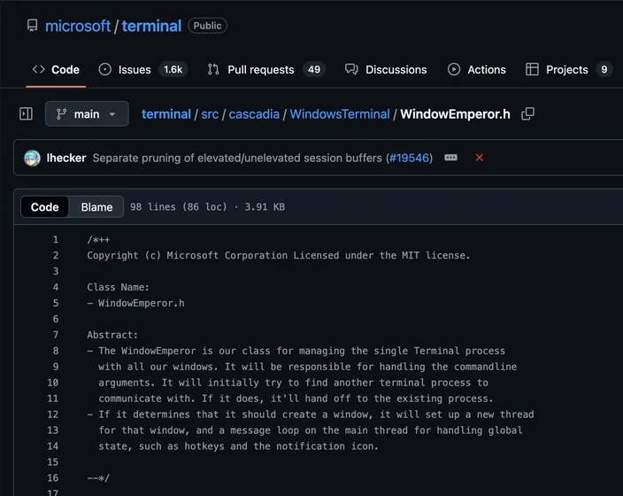 Screenshot of file “src/cascadia/WindowsTerminal/WindowEmperor.h” in microsoft/terminal repository on GitHub.