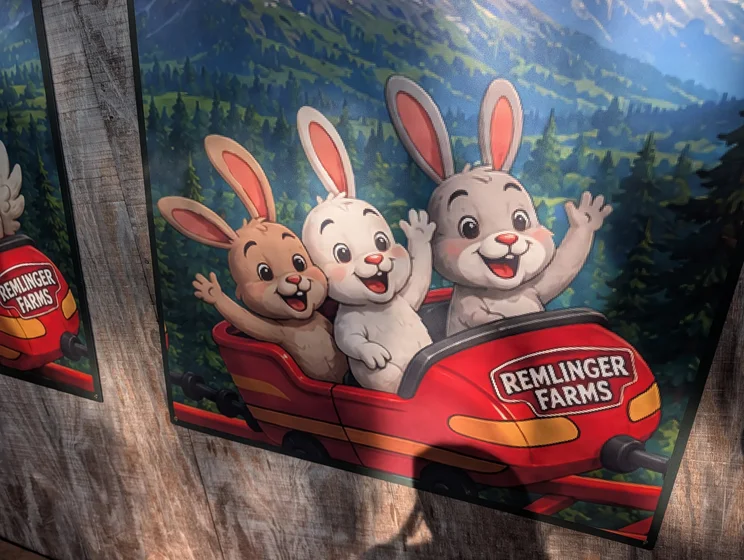 Photo an AI generated picture of three rabbits riding a roller coaster. The picture is pinned on the wall. The second rabbit has only one ear. Pixel artifacts are clearly visible on the picture.